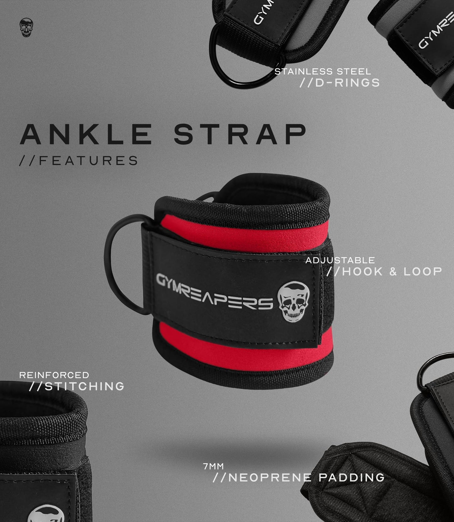 Gymreapers Ankle Strap (Single) For Cable Machine Kickbacks, Glute Workouts, Lower Body Exercises - Adjustable Leg Strap with Neoprene Padding (Red, Single)