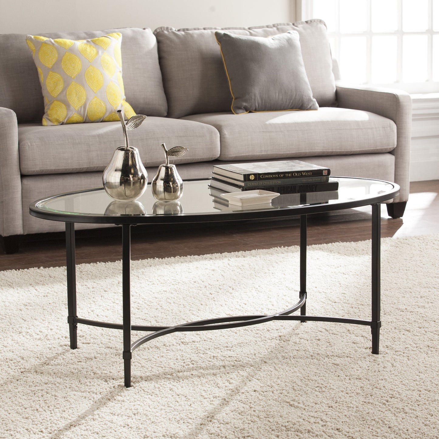 SEI Furniture Quinton Metal/Glass Oval Cocktail Table - Black, 45 in x 25 in x 19 in