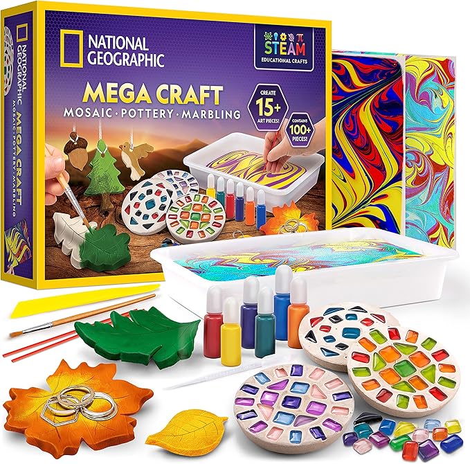 National Geographic Mega Arts and Crafts Kit for Kids – Mosaic Kit, Marbling Paint Kit & Air Dry Clay Pottery Kit – Art Pr...