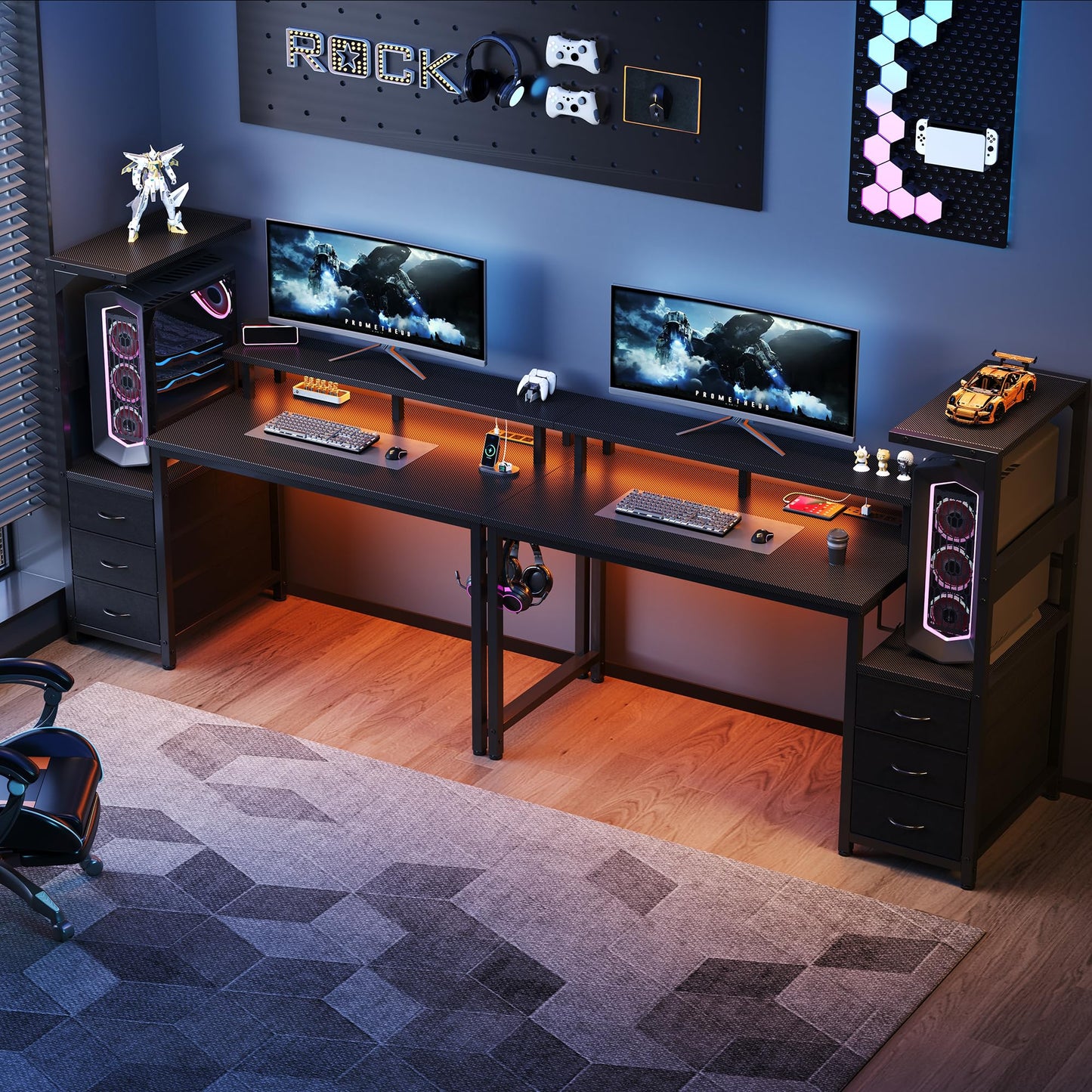 HAPPYMONT Gaming Desk with Shelves Storage Drawers, Computer Desk with LED Lights Power Outlets, Office Table with Shelf Cable Management for Bedroom Dual Monitor Streaming, Black
