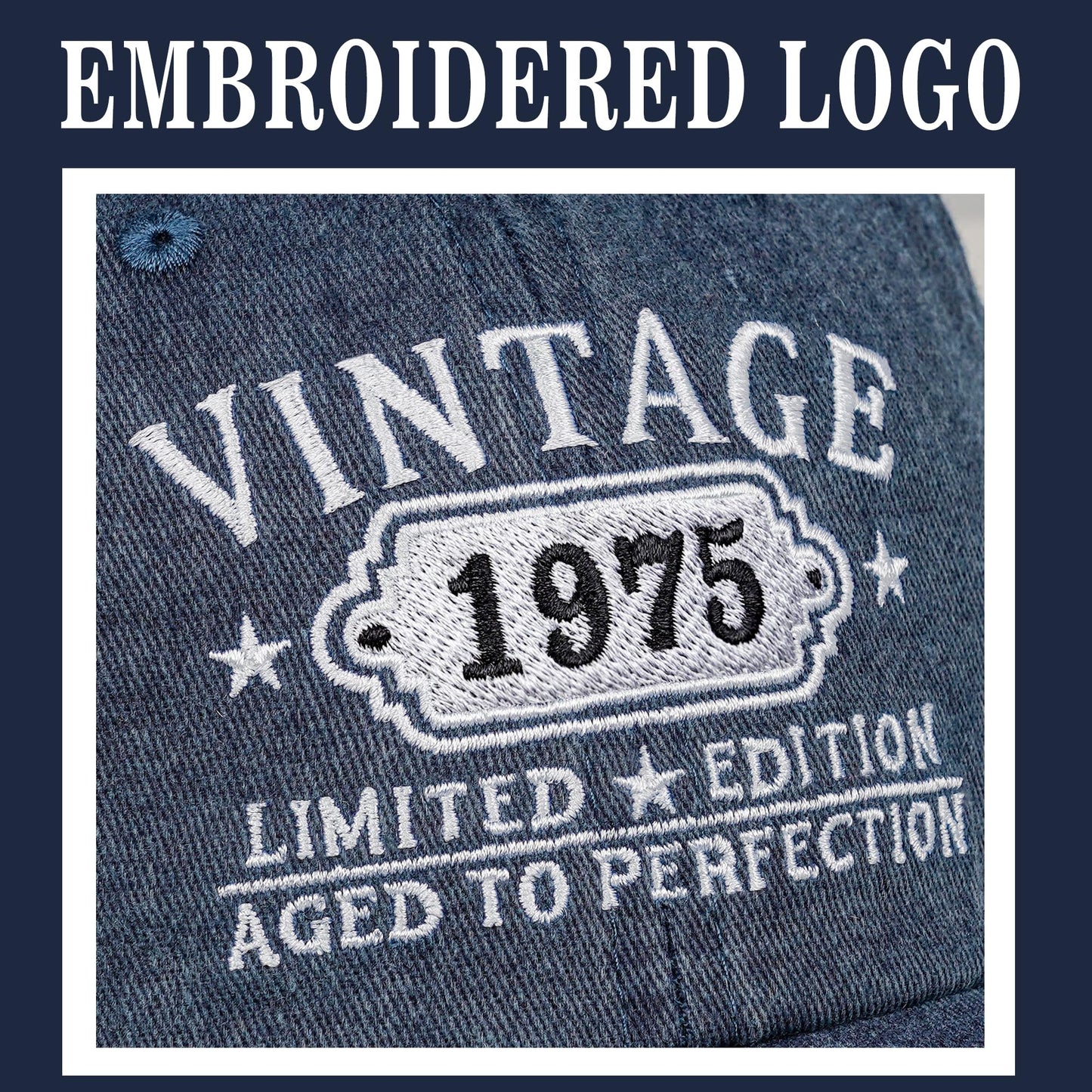 50th Birthday Gifts for Her Him Vintage 1975 Embroidered Black Baseball Cap Women Men Blue