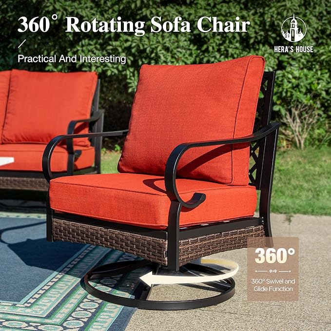 HERA'S HOUSE 4 Piece Metal Patio Furniture Set, All Weather Outdoor Conversation Set with 3 Seat Sofa, 2 Swivel Chairs & Coffee Table, Seats 5 for Backyard, Garden, Deck, Red