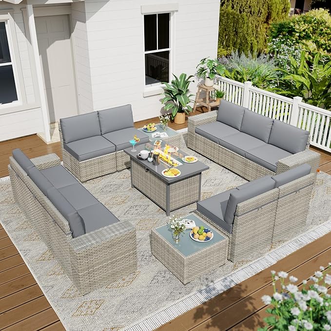 Broivira 13 Piece Patio Furniture Set with 50,000 BTU Rattan Fire Pit Table That Converts to Coffee Table, 9.8" Wide Arm Sectional Sofa with Storage Armrests, Outdoor Rattan Conversation Set, Grey