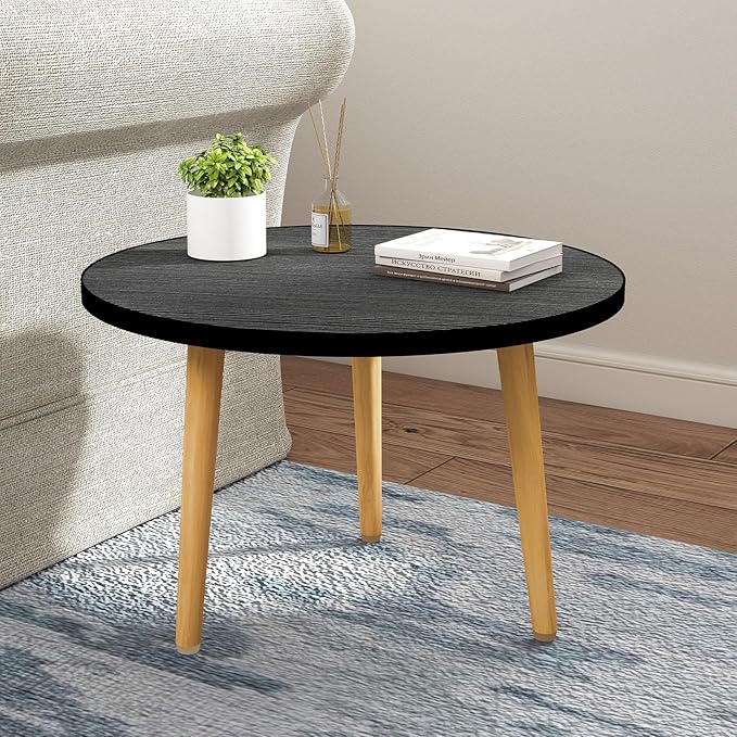 Funecy Round Coffee Table Low Table with 3 Solid Wood Sturdy Legs, Floor Table Desk for Sitting on The Floor, Storage and Living Room Furniture (Black)