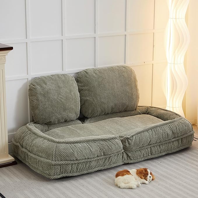 KEIKI Foldable Tatami Lazy Sofa Couch Bed with 5 Adjustable Position, Minimalist Style Space Saving Design Human Dog Bed with Cushion Back, Easy Assembly, for Apartment, Living Room, Bedroom, Green