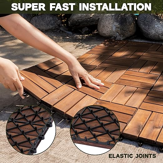 VICTORY RELAX Acacia Wood Decking Tiles 9PCS - Easy Snap Interlocking Deck Tiles for Patio Poolside Balcony Decor - All Weather Waterproof Flooring for Indoor & Outdoor (Round Joints)