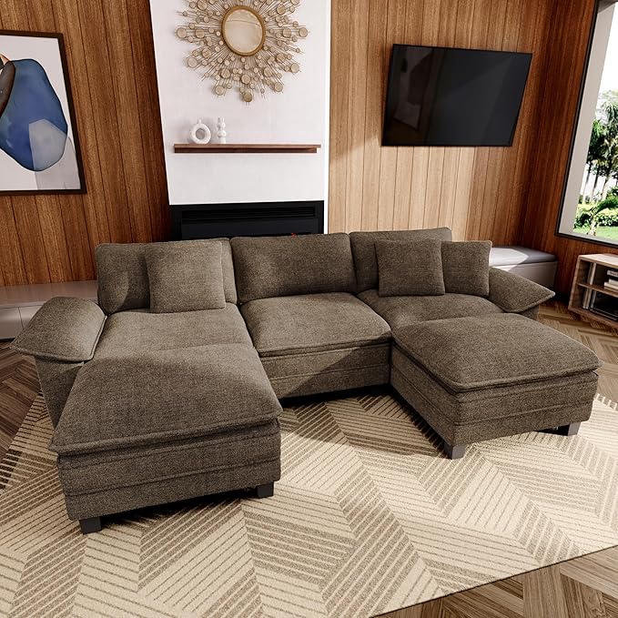 MIXPATIO 123-Inch U Shaped Sectional Sofa with Cloud Cushions, Deep Seat Modular Couch Set w/ 5 Seats & 2 Ottomans, Removable Arms, Plush Chenille Upholstery for Living Room, Apartment - Taupe