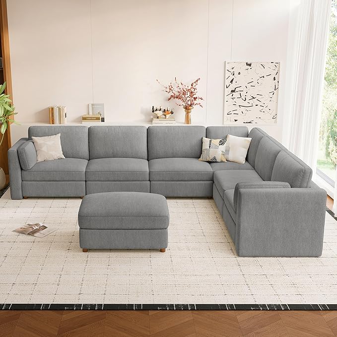CUGOAO 159'' Modular Sectional Sofa, Oversized L-Shaped Sectional Couch with Ottoman, Deep Seat Chenille Cloud Couch, Mordern Upholstered Couches for Living Room, Apartment, Office, Grey