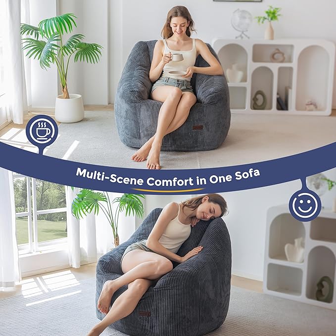 MAXYOYO Bean Bag Chair, Bean Bag Sofa with Filler, Cozy Living Room Chair for Adults and Kids, Stuffed Floor Sofa for Bedroom Dorm Reading, Dark Grey