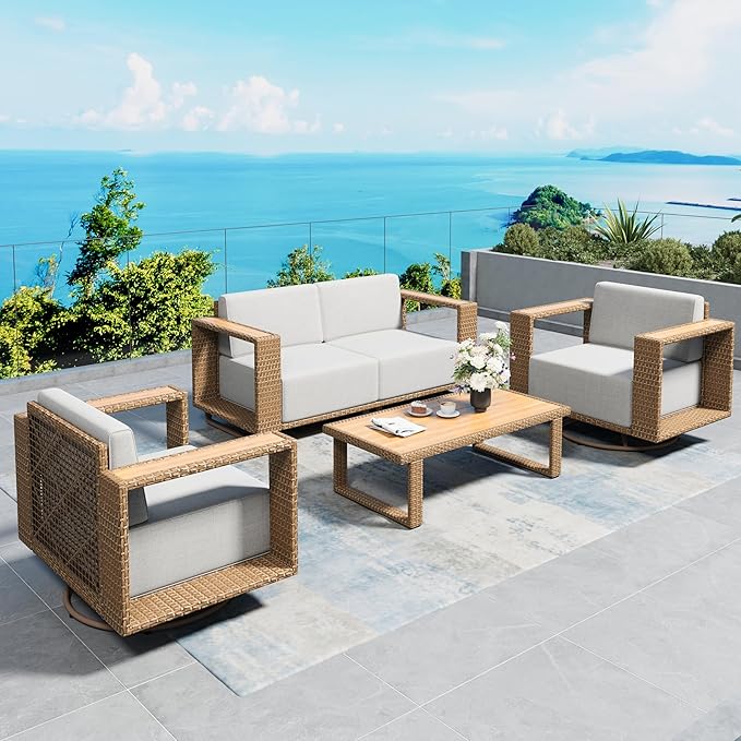 5 Pieces Patio Furniture Set,Outdoor Wicker Conversation Set with Swivel Chairs,All Weather Patio Conversation Set for Lawn Garden Backyard,Beige