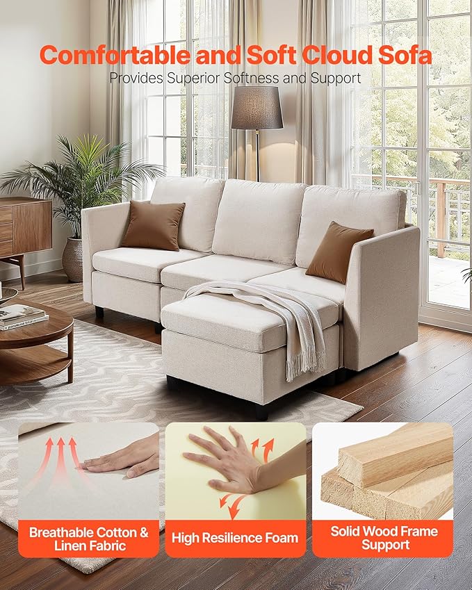 VEVOR Modular Sectional Sofa, 3-Seater Modular Sofa with Hidden Storage, Customizable Cloud Sectional Couch with Ottoman, Solid Wood Frame Upholstered Couch for Living Room, Bedroom, Beige