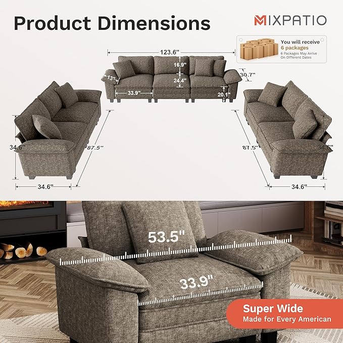 MIXPATIO U-Shaped Cloud Modular Sofa Set, Deep Seat 3-Piece 7-Seater Sectional Couch & Removable Arms, Plush Chenille for Living Room - Smoky Gray
