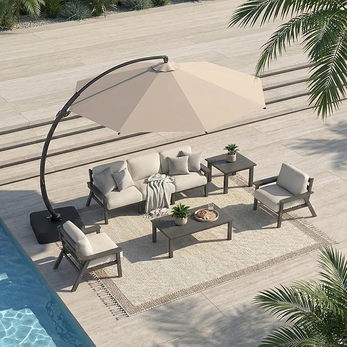 Patio Kingdom 7 Piece Patio Conversation Sets, Outdoor Couch with Washable Thick Beige Cushions, HDPE Patio Furniture Set with 12FT Umbrella, Outdoor Sectional Furniture for Backyard (Grey Frame)