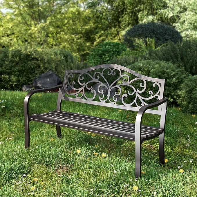 PHI VILLA 43 Inch Cast Iron Steel Frame Outdoor Garden Bench, Patio Furniture Chair Bench w/Floral Design Backrest, Slatted Seat for Park, Yard, Porch - Black