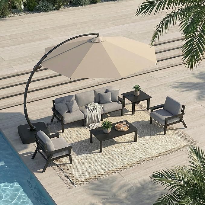 Patio Kingdom 7 Piece Patio Conversation Sets, Outdoor Couch with Washable Thick Gray Cushions, HDPE Patio Furniture Set with 12FT Umbrella, Outdoor Sectional Furniture for Backyard (Black Frame)
