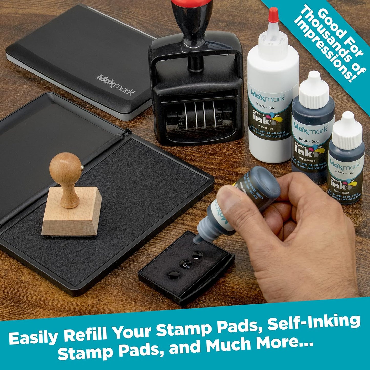 MaxMark Premium Refill Ink for self Inking Stamps and Stamp Pads, Black Color - 2 oz.