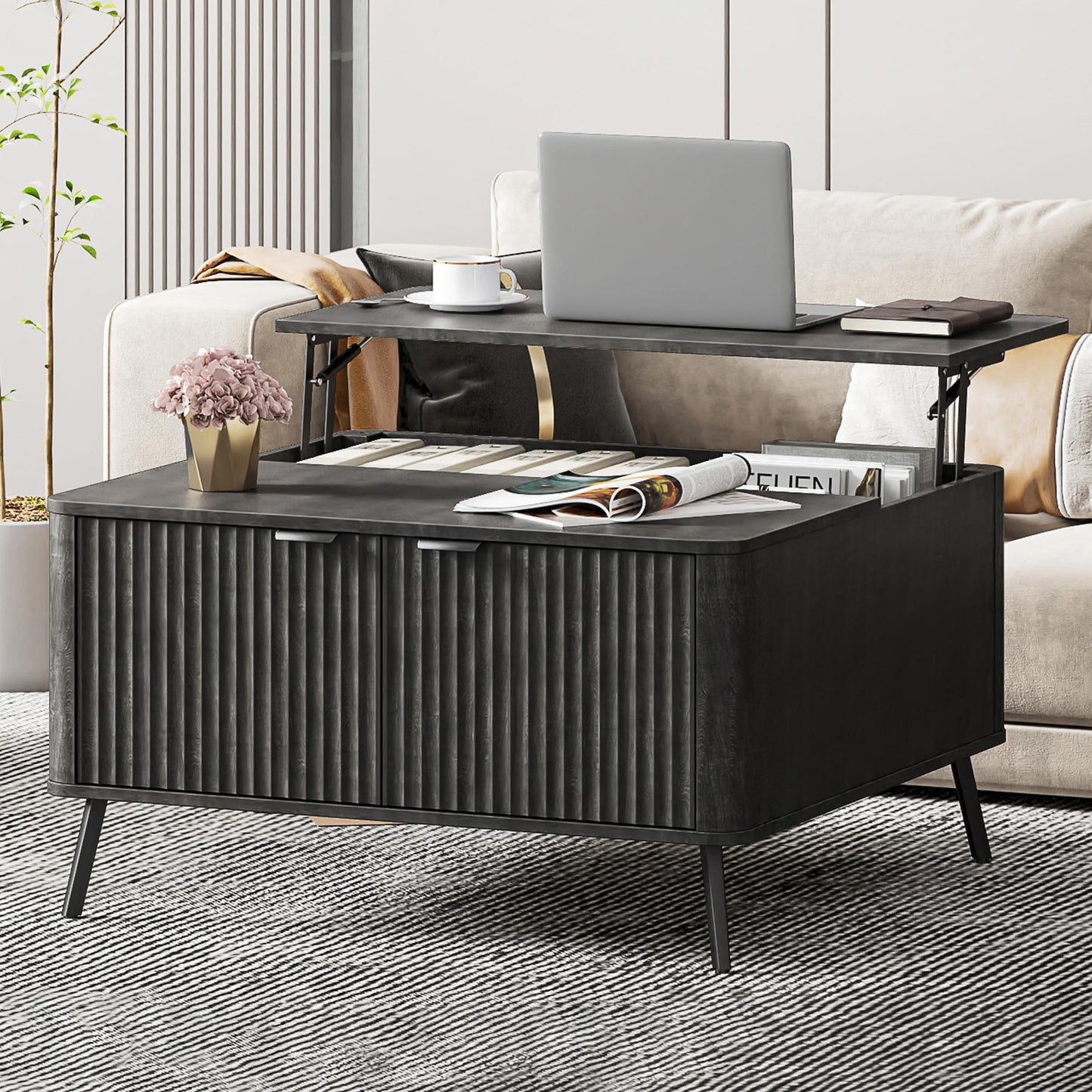 Fatmok Lift Top Coffee Table for Living Room, 35.4" Square Black Coffee Table with Storage Large, Mid Century Modern Rustic Wood Fluted Center Table with Large Hidden Storage Compartment