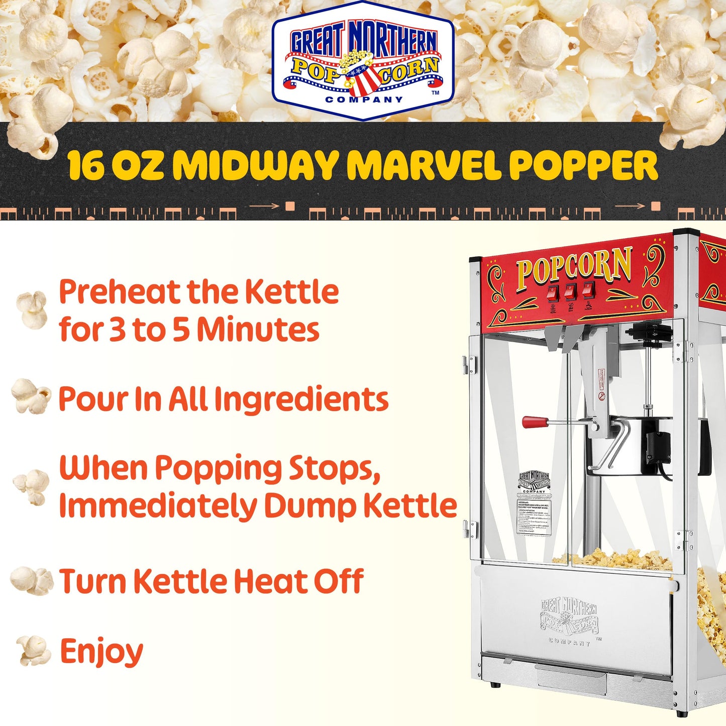 Great Northern Midway Marvel Commercial Quality Popcorn Popper Machine 16 Ounce