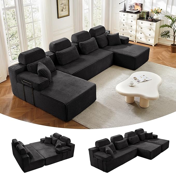 141" U-Shaped Cloud Modular Sectional Sofa with Chaise & Headrest, Boneless Deep Seat Plush Corduroy Couches for Large Living Room, No Assembly Required (Black, 141" U-shapred Chaise)