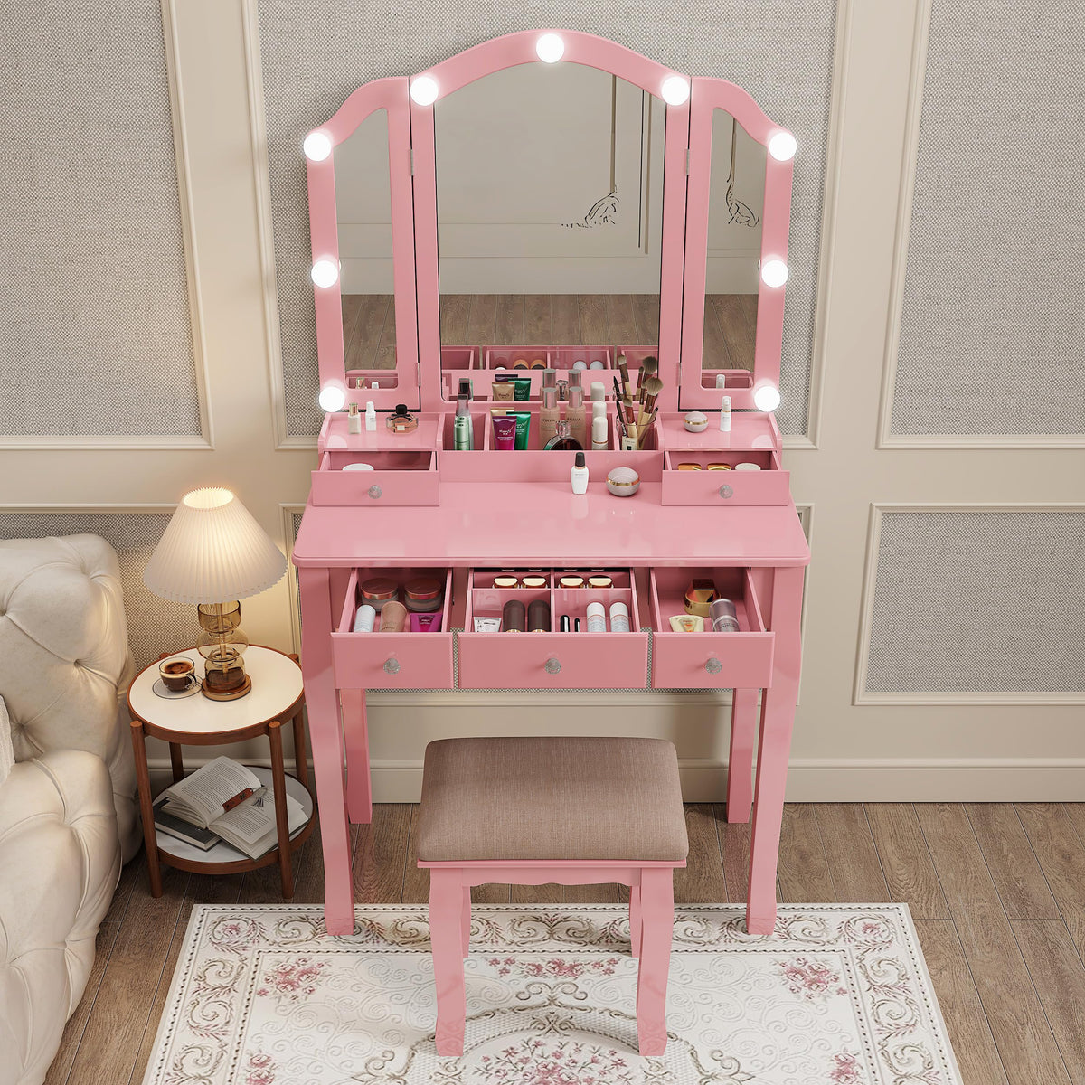 Phonrida Pink Makeup Vanity for Girls Vanity Desk with Mirror and Lights Girls Vanity Desk Vanity with Lights Make Up Vanity Set tocadores para maquillarse con Luces y cajones Vanity Table Set