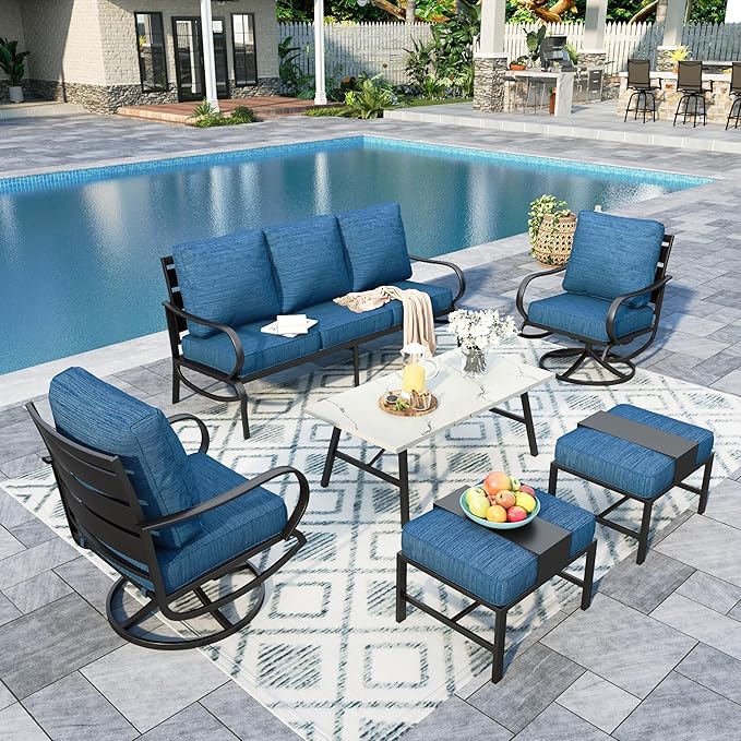 Sophia & William Patio Furniture Sets 6 Pcs Outdoor Conversation Set for 7,2 x Cushioned Swivel Sofa Chairs,1 x 3-Seat Sofa,2 Ottomans, Marbling Metal Coffee Table Backyard Poolside Peacock Blue