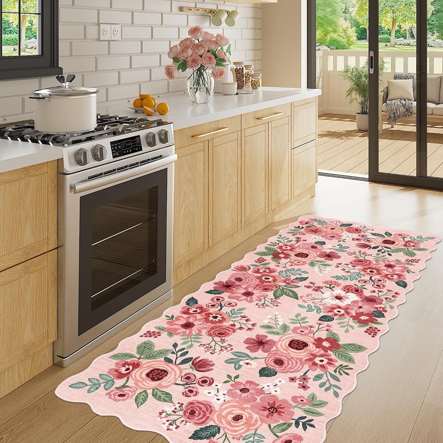 DUKINO 2x5 Washable Runner Rugs, Non Slip Floral Print Entryway Rug with Soft Low Pile, Lightweight Mat for Living Room, Bathroom, Bedroom, Kitchen, Pink