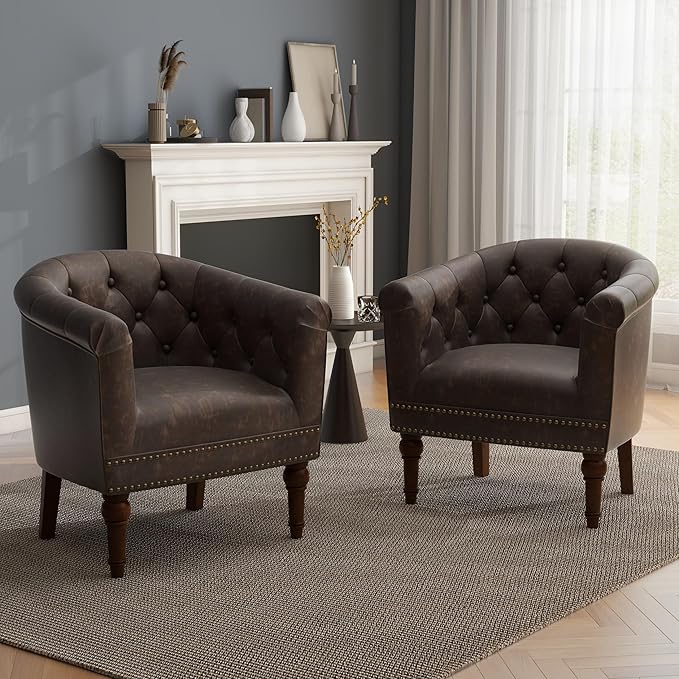 UIXE PU Leather Accent Chair, Barrel Club Chair Modern Upholstered Armchair for Living Room, Comfy Nailed Trim Arm Chair Bedroom Reading Seat, Chocolate