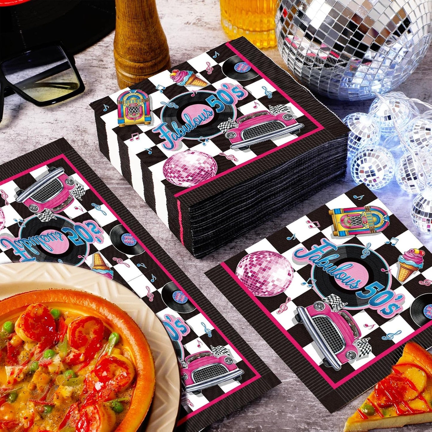 60 Pcs 50s Cocktail Paper Napkins 6.5 x 6.5 Inches Disposable Paper Napkins Dessert Beverage Napkin for Decoupage Luncheon Napkin for Party Wedding Birthday Party