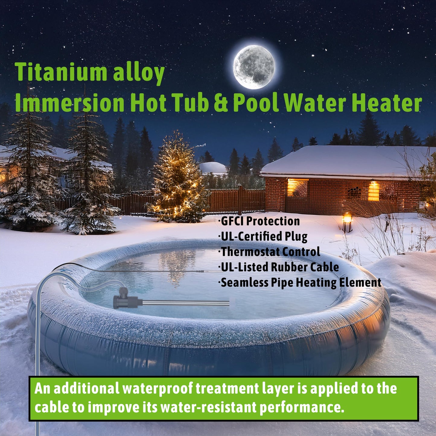 LINGLONGTEMP 1000W Titanium Submersible Hot Tub & Pool Portable Electric Immersion Water Heater with Temp Control & GFCI for Bathtubs, Buckets, Baptism Pool, Inflatable Pool, Baptistry & Sap tub