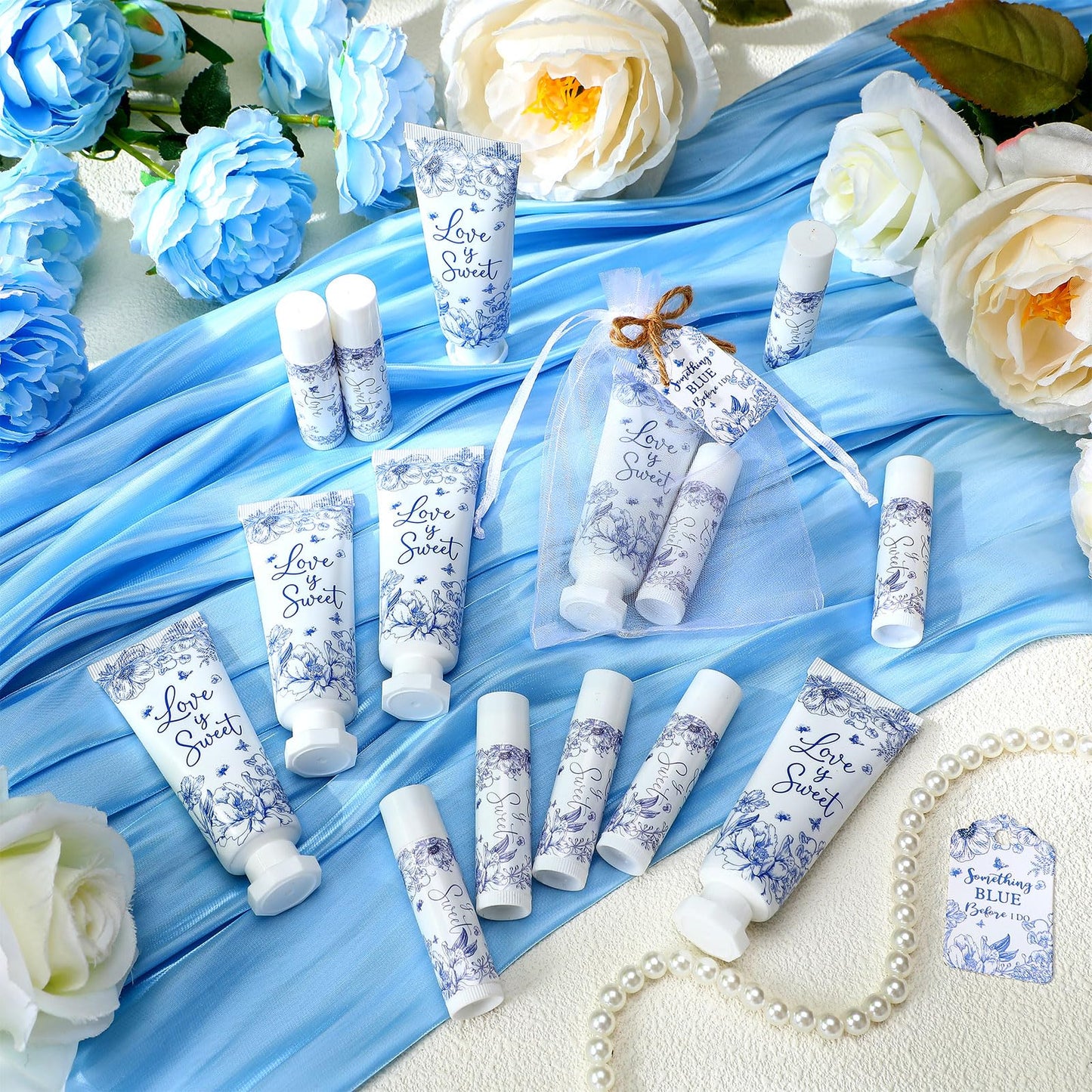 Swiffen 48 Sets Something Blue Before I Do Bridal Shower Hand Cream and Lip Balm Gift Bulk Blue Floral Wedding Favors Travel Siz