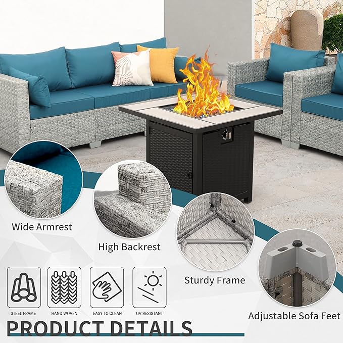 WAROOM Patio Furniture Set 4 Piece Wicker Conversation Sets PE Rattan Chair Outdoor Couch Sectional Sofa with 30" Fire Pit Table, Peacock Blue Cushion