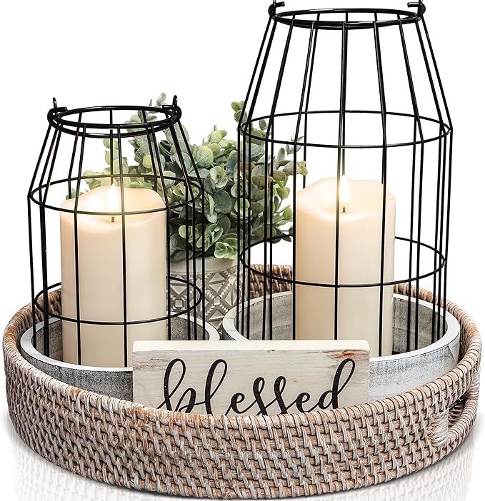 Rustic Farmhouse Lantern Decor Set of 2 - Stylish Decorative Lanterns for Your Living Room, Fireplace Mantle or Kitchen Di...