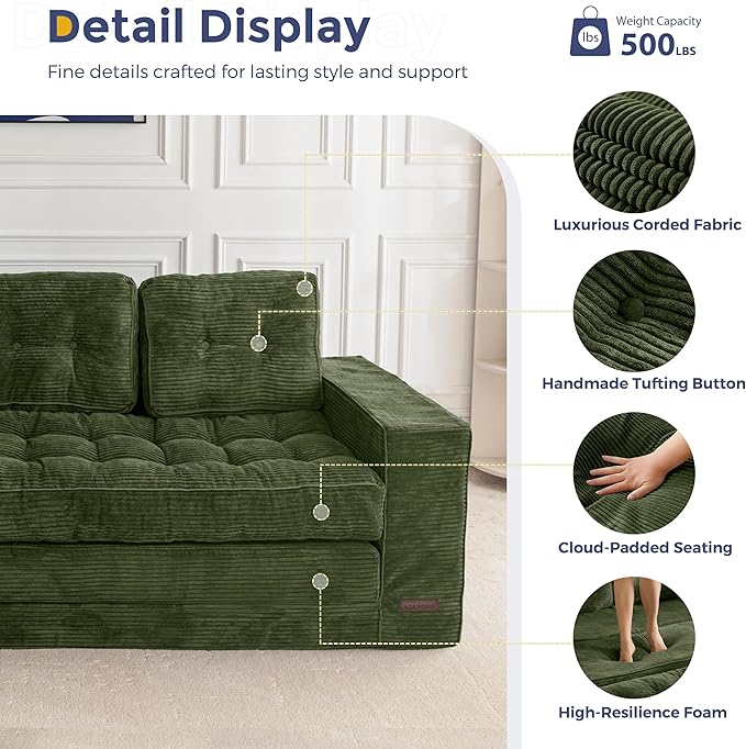 MAXYOYO Convertible Sofa Bed, Pull Out 3 Seater Sleeper Sofa, 2 in 3 Folding Couch Bed, Fold Out Floor Couch with Pillows for Living Room Bedroom Lounge, Dark Green