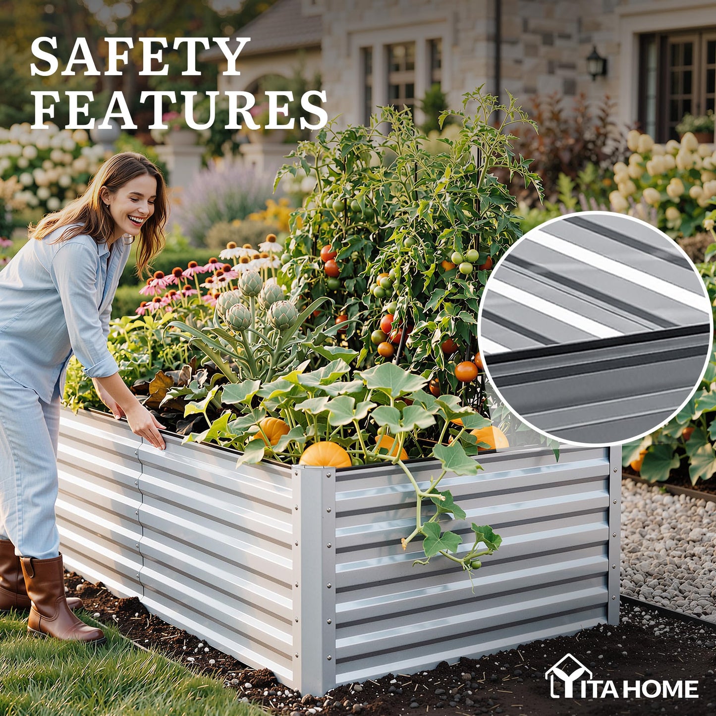 YITAHOME 8x4x2ft 2pcs Large Raised Garden Bed, Galvanized Metal Planter Box with Gloves, Ground Nails, Support Rod & Safety Rubber, Outdoor Above Ground Planters for Plants Vegetables Flowers, Silver