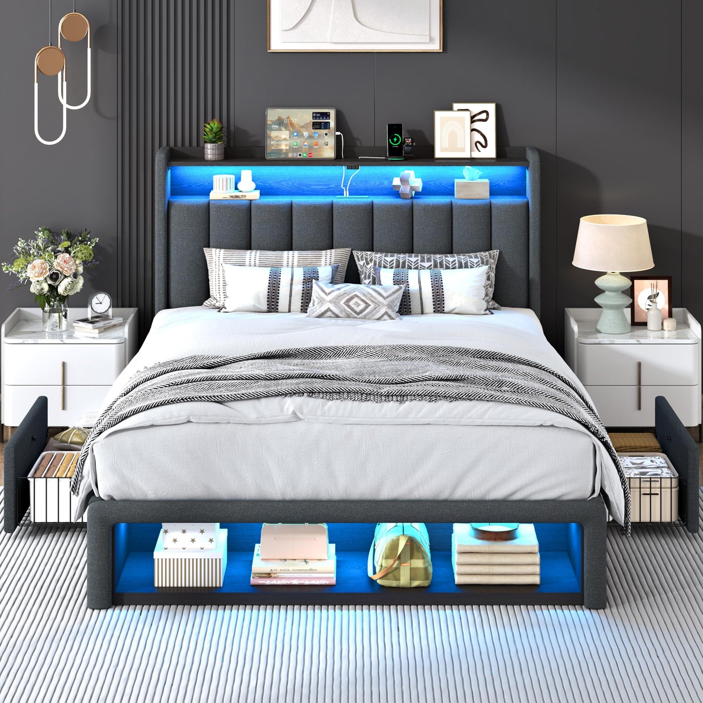 ChicZhiNest Queen Bed Frame with Storage Headboard & Charging Station, LED Light, 2 Storage Drawers & Cabinet, Upholstered Platform Bed with Sturdy Wooden Slats, Noise-Free, No Box Spring, Dark Grey
