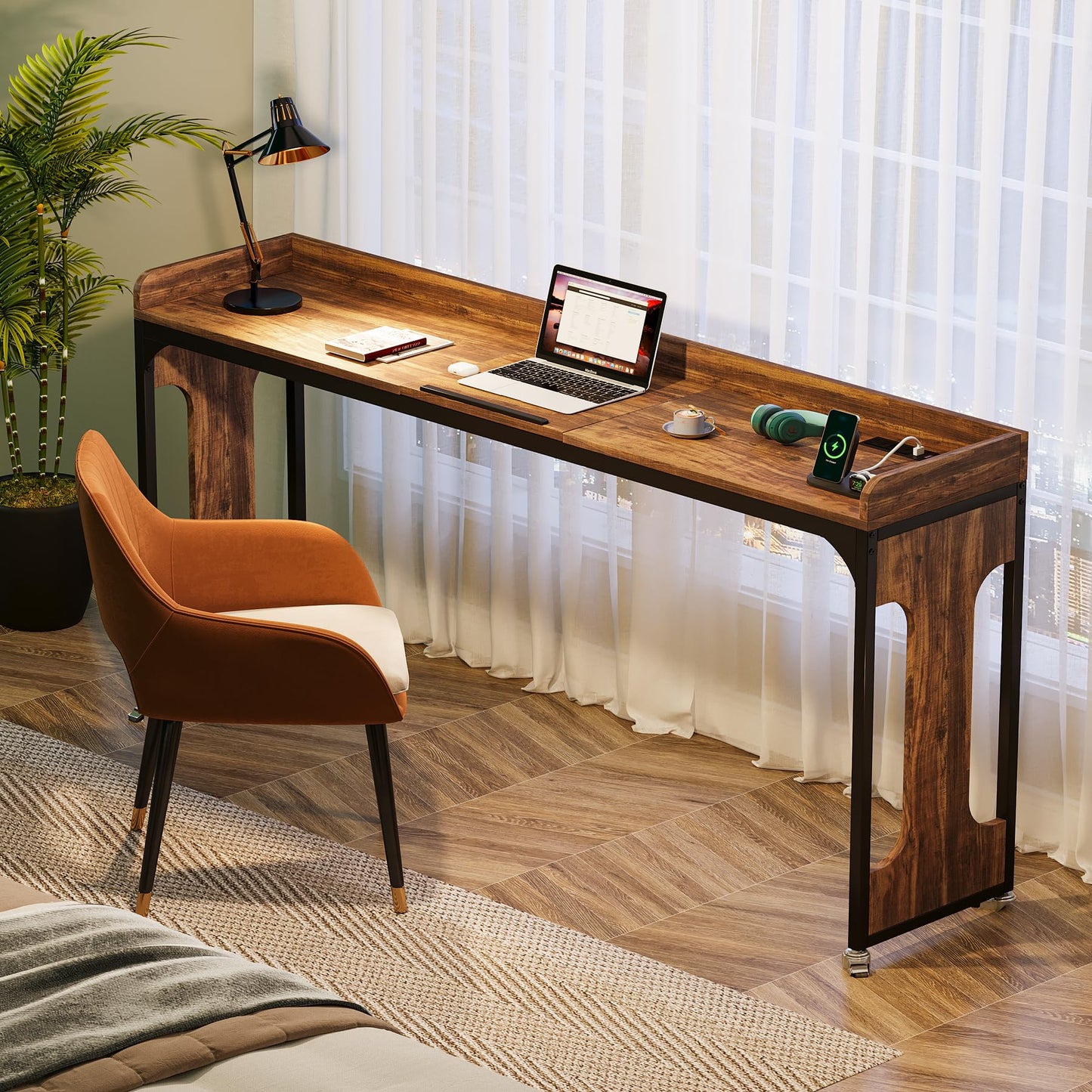 Tribesigns Overbed Table with Wheels, 71" Queen Size Bed Table with Adjustable Tilt Board, Mobile Laptop Cart with Outlets & USB Ports