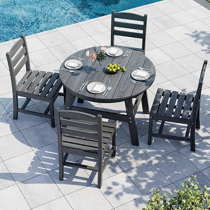 PamapicLife 5 Piece Round Outdoor Dining Set, Relaxing HDPE Outdoor Table and Chairs with 105° Ergonomic Backrest, All-Weather Patio Table and Chairs Set with Umbrella Hole for Porch, Poolside, Gray