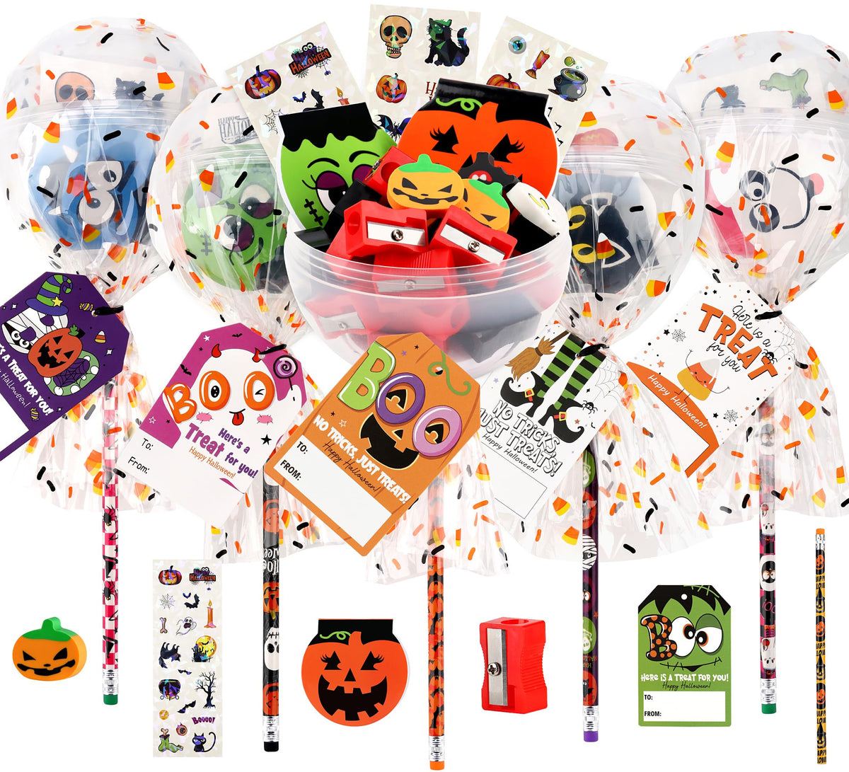 POPGIFTU Halloween Party Favors for Kids - 28 Pack Giant Lollipop-Shaped Stationery Set with Pencil Sticker Erase Notepad Sharpener for Halloween Trick or Treat, Classroom Gifts for Boys & Girls