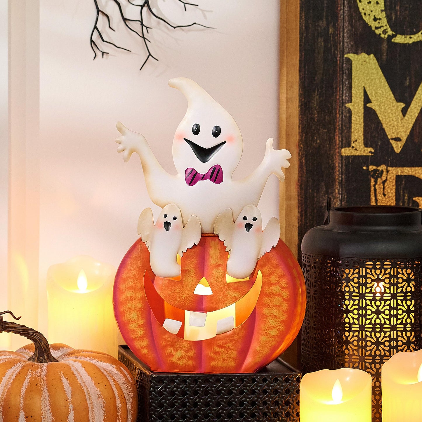 TERESA'S COLLECTIONS Halloween Decorations, Ghost and Pumpkin Halloween Decor, Large Ghost and Orange Jack O Lantern with Light, 12", Metal Outdoor Garden Statue, Indoor/Outdoor