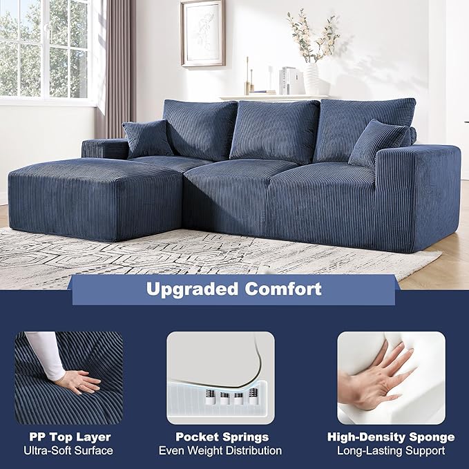108" Modular Sectional Sofa, Compression Sofa with Deep Seat, Modular L-Shape Couch with Chaise, Upholstered Couches for Living Room Bedroom, No Assembly Required (Blue Corduroy, 108" L Shape)