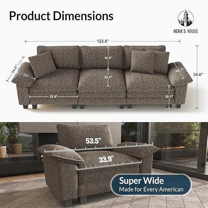 HERA'S HOUSE 124" Modular Sectional Sofa, Oversized Couches for Living Room, Comfy Cloud Couch 3-Seater Deep Seat Sofa with Throw Pillow, Chenille Ash