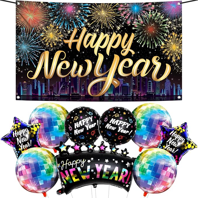 KatchOn, Neon New Years Decorations 2026 Set - Huge, Pack of 10 | Rainbow Happy New Year Banner, New Years Balloons, Disco...