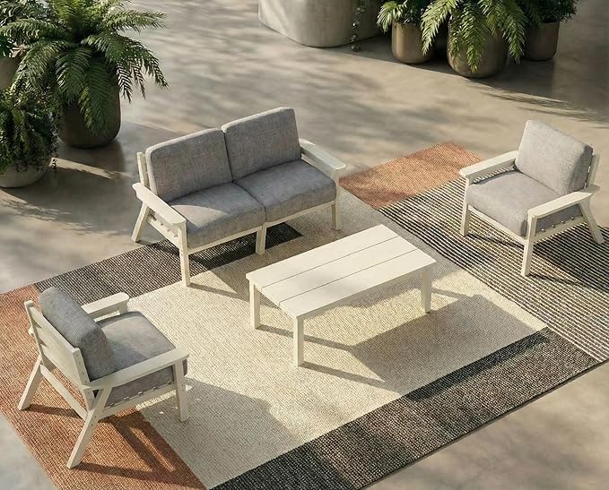 Patio Kingdom Patio Furniture Set with Washable Thick Gray Cushions, Coffee Table & Side Table, HDPE Outdoor Couch, All-Weather Outdoor Sectional Furniture, Patio Conversation Sets (White Frame)