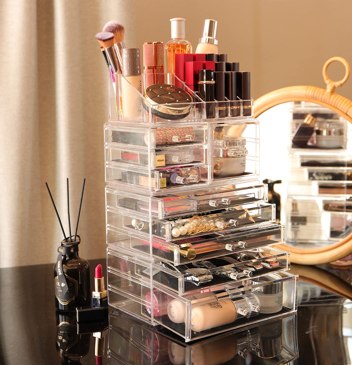 Cq acrylic 4 Pack Clear Make up Organizer Countertop,Stackable 9 Drawers Makeup Storage,Cute Vanity Organizers for dresser Hair