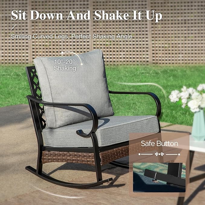 HERA'S HOUSE 4 Piece Metal Patio Furniture Set, 2 x Rocking Cushioned Chair, 2-Seat Lover Sofa with Coffee Table, All Weather Outdoor Conversation Set for Lawn Garden Backyard Deck, Grey