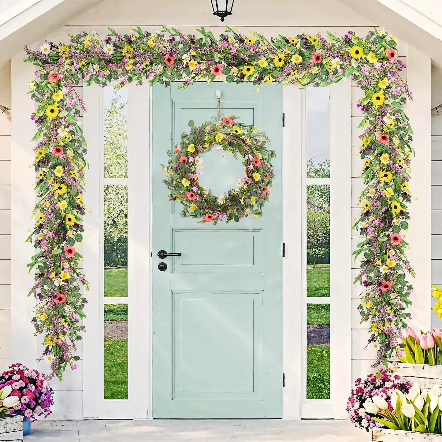 6 ft Artificial Wildflower Garland Wisteria Lavender Garland Daisy and Lavender Faux Floral Vine Summer Spring Floral Fake Wreath All Year Round Home Decor for Indoor Outdoor Home Wedding Arch