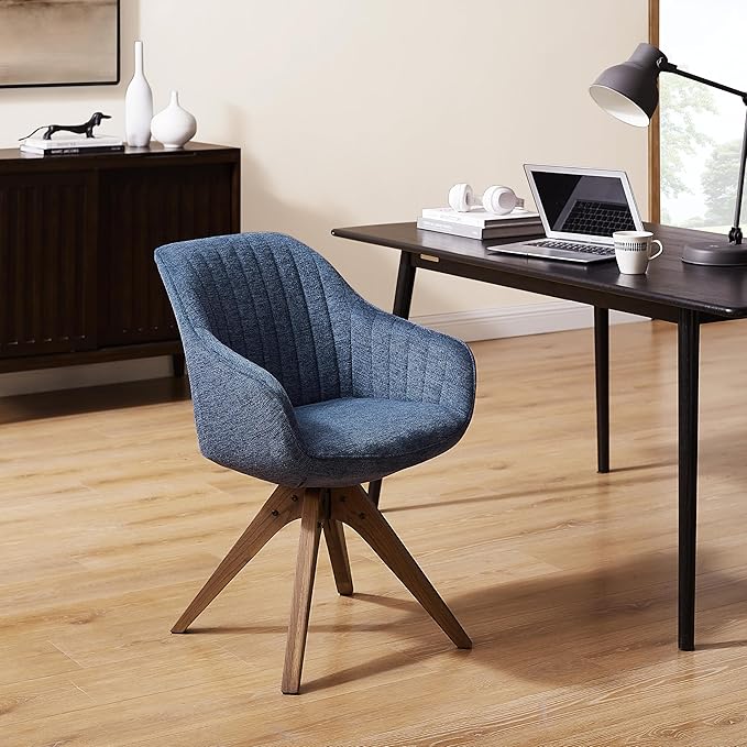 Art Leon Dining Chair, Mid Century Modern Fabric Upholstered Swivel Dining Room Chair with Wood Legs, Leisure Side Chair with Arms for Living Room, Sky Blue