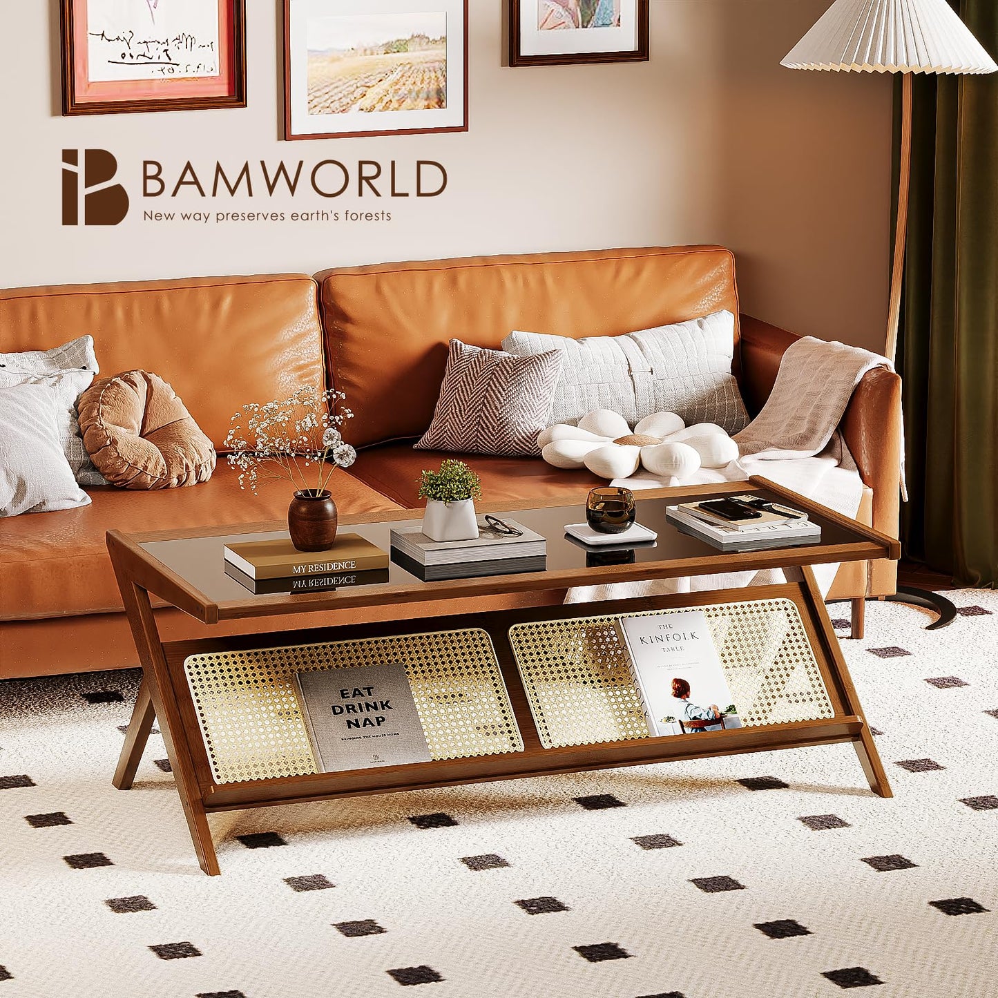 Bamworld Rattan Coffee Table with Glass Top Mid-Century Modern Center Table with Storage for Living Room Table Brown