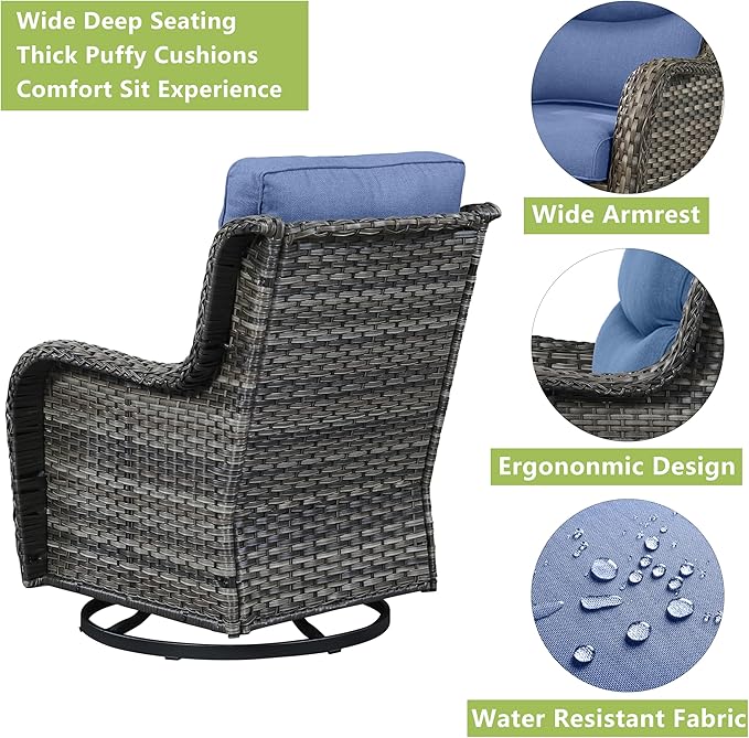 Rilyson Wicker Rocking Chair Swivel Chairs - Rocker Patio Chairs Set of 2 Rattan Rocking Chair for Outdoor Porch Deck Garden Backyard (Mixed Grey/Blue/Smile)