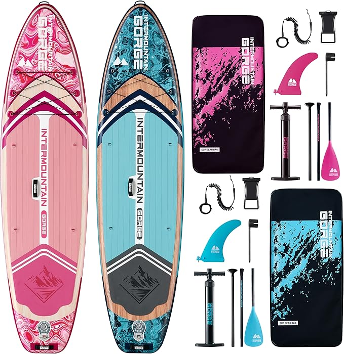11'x34 Ultra-Wide SUP 2-Board Bundle – 420lb Capacity Each, All-Accessory Kit, 100L Backpack (Woodgrain Blue&Pink)